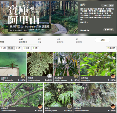 「寶庫阿里山~iNaturalist 四季森林生物速查趣」春季場次共上傳442筆觀察記錄、161個物種，成果相當豐碩